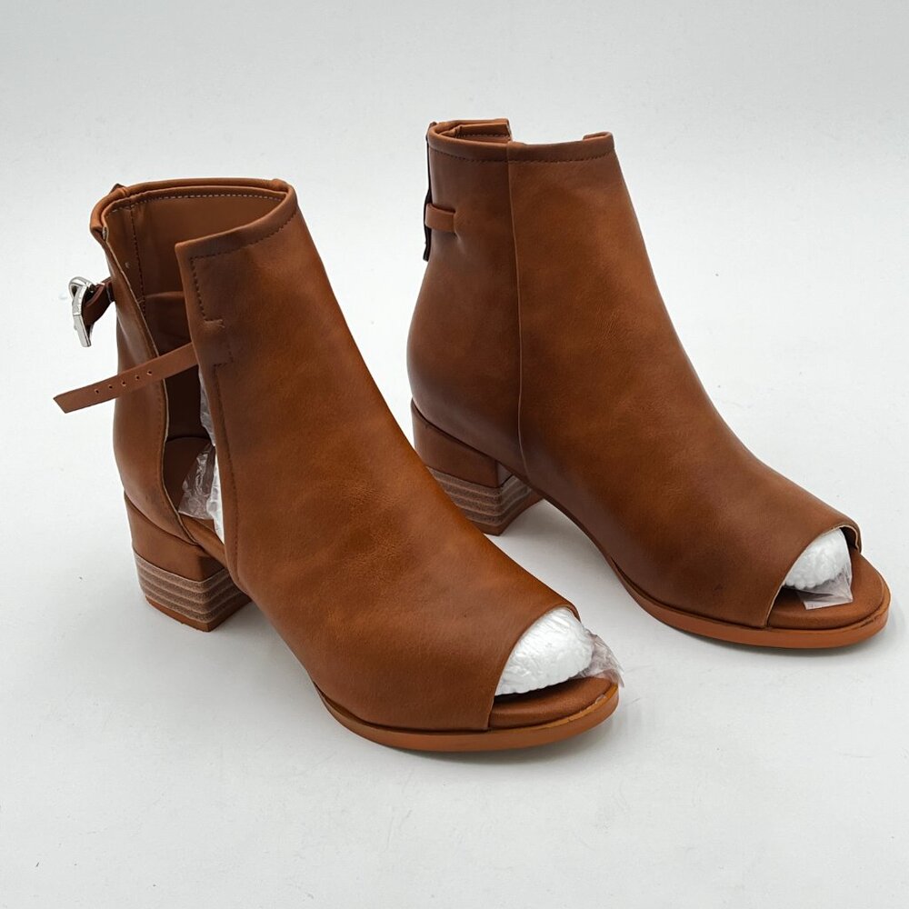 FSJ Brown Peep Open Toe Boot Cut Out Buckle Ankle Bootie Comfortable Shoes - Picture 4 of 6
